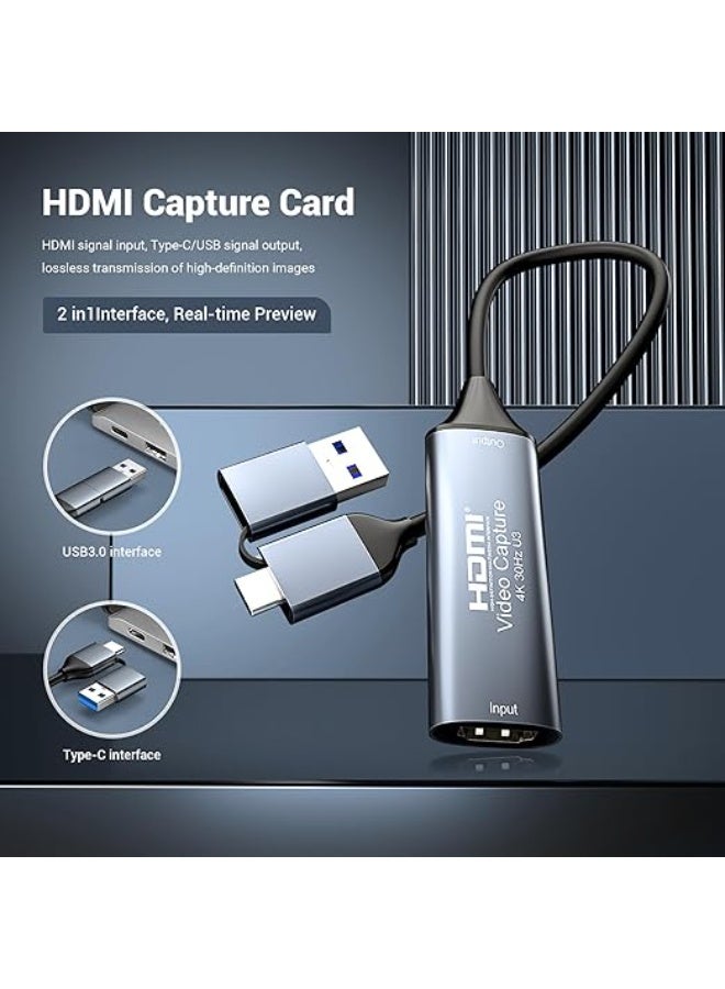 Video Capture Card 4K 1080P HDMI to USB-C with Type-C Adapter – Audio & Video Capture for Windows, macOS, Android – Game Live Streaming & Video Recording (Gray) - Image 5