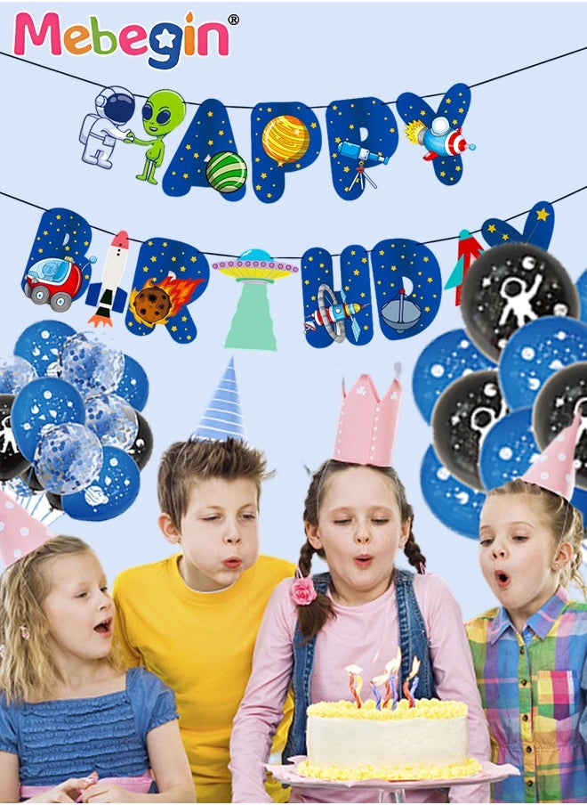 MEBEGIN Space-themed Birthday Party Decorations, Colorful Birthday Decoration Set with 24 Balloons, 10 Cake Toppers, 15m Ribbon and Other Accessaries, Creative Party Decorations Set, Happy Birthday Banner, Easy to Assemble  - Image 2