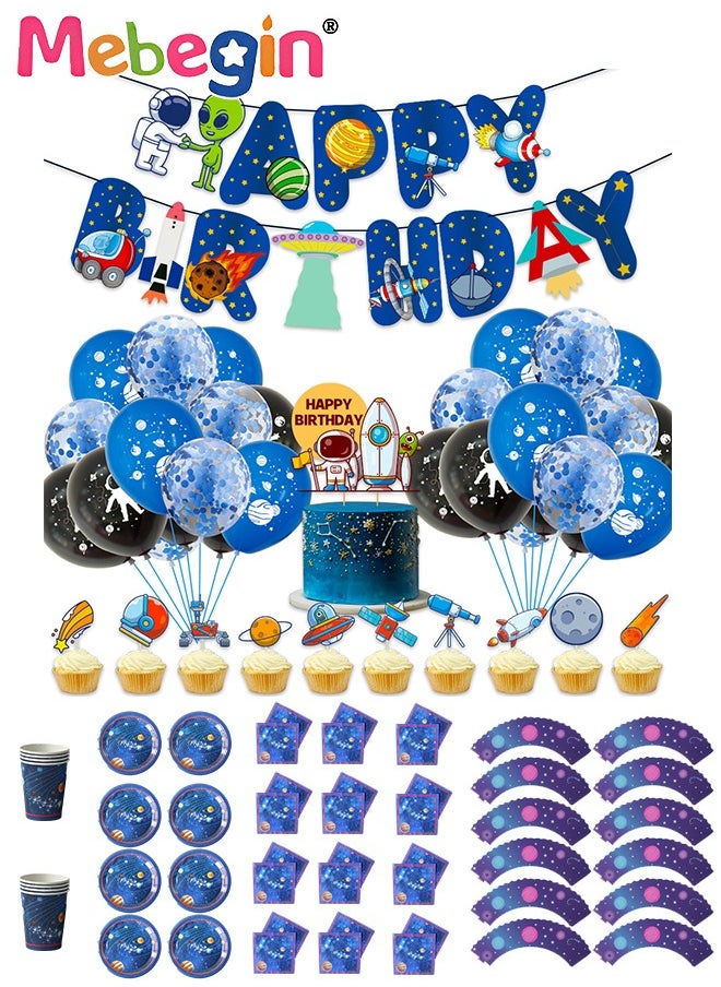 MEBEGIN Space-themed Birthday Party Decorations, Colorful Birthday Decoration Set with 24 Balloons, 10 Cake Toppers, 15m Ribbon and Other Accessaries, Creative Party Decorations Set, Happy Birthday Banner, Easy to Assemble  - Image 1