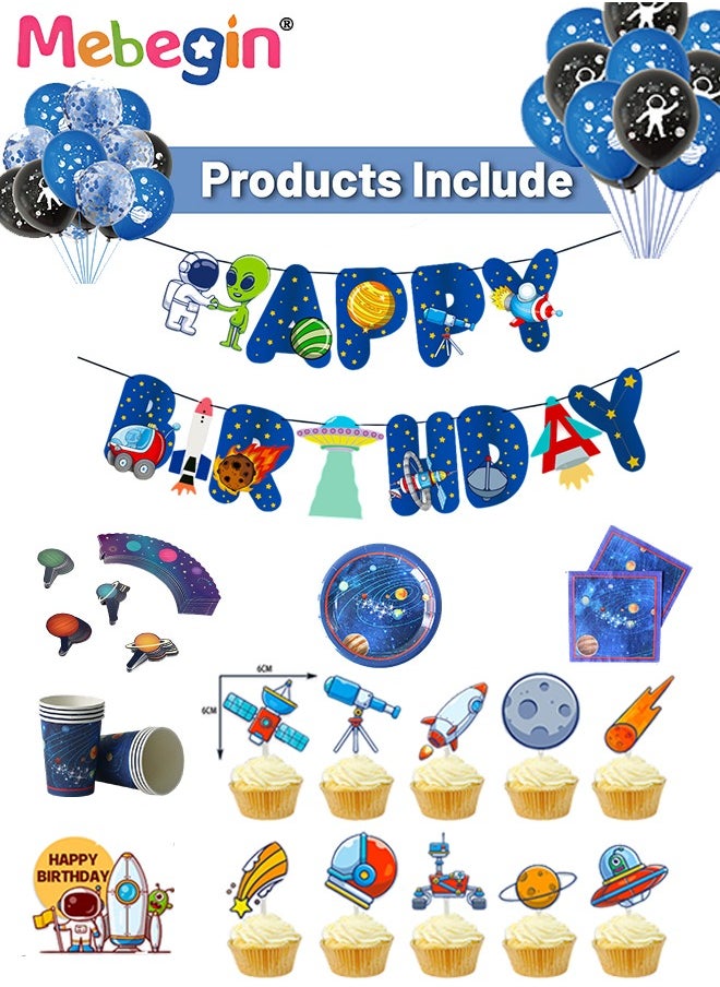 MEBEGIN Space-themed Birthday Party Decorations, Colorful Birthday Decoration Set with 24 Balloons, 10 Cake Toppers, 15m Ribbon and Other Accessaries, Creative Party Decorations Set, Happy Birthday Banner, Easy to Assemble  - Image 3