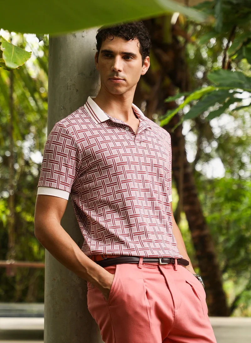 كامبوس سوترا تيشيرت بولو رجالي جاكار هندسي بياقة مدببة وأكمام قصيرة مضلعة