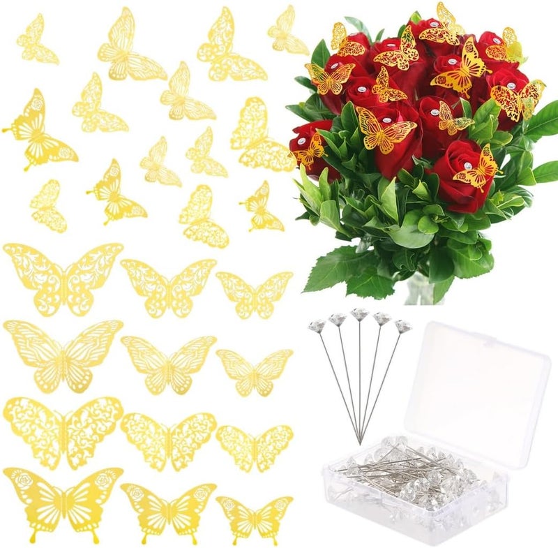Wedding Corsages Ornaments, 148 Pieces, with 100 Pcs Corsages Bouquet Pins and 48 Pieces Gold 3D Butterfly Wall Decals, Floral Wedding Arrangement, Party Accessory - Image 1