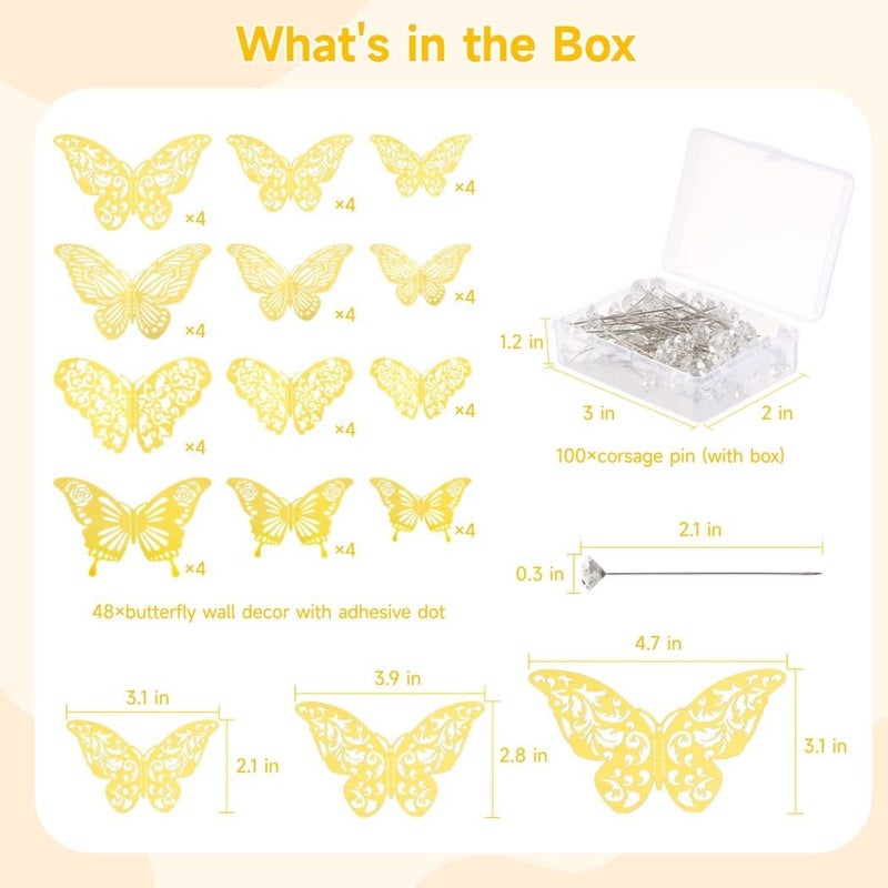 Wedding Corsages Ornaments, 148 Pieces, with 100 Pcs Corsages Bouquet Pins and 48 Pieces Gold 3D Butterfly Wall Decals, Floral Wedding Arrangement, Party Accessory - Image 2