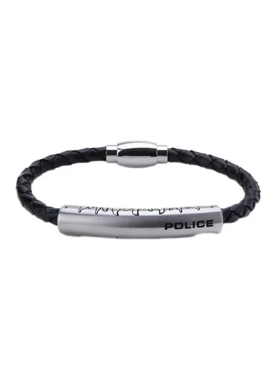 POLICE Silver Stainless Steel and Black Leather Bracelet for Men