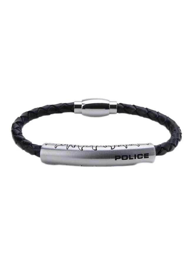POLICE Silver Stainless Steel and Black Leather Bracelet for Men