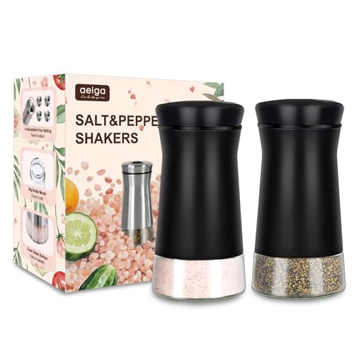 Aelga Black Salt and Pepper Shakers with Adjustable Pour Holes, Farmhouse Glass Salt Shaker with Stainless Steel Lids, Refillable Shaker by Aelga, Ideal for Himalayan, Kosher and Black Pepper - Image 1