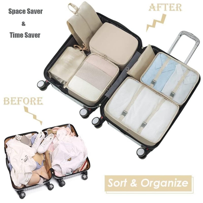 KUKLAR Packing Cubes for Suitcases: 7 Piece Nylon Compression Packing Cubes with Shoe Bag, Clothing Bag, Accessories Bags, Travel Luggage Organizer (Beige) - Image 5
