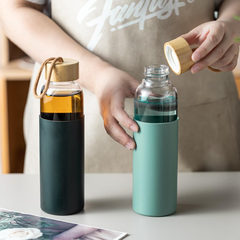 wangsdjy 21oz Glass Water Bottle with Silicone Sleeve & Bamboo Lid, BPA Free Reusable Water Bottle Glass for Gym Office Travel, Gift for Fitness Enthusiasts (Green) - Image 5