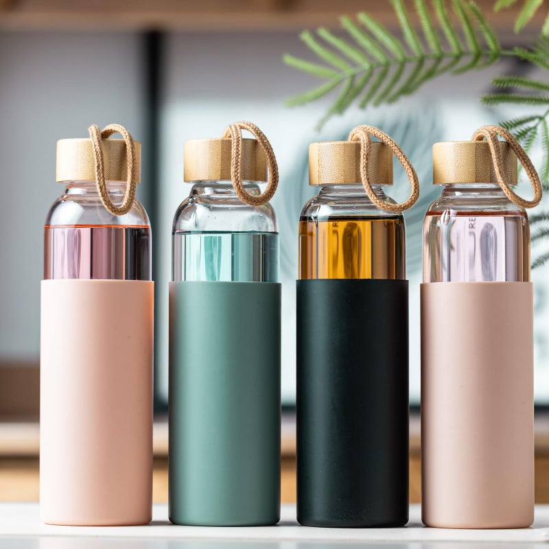 wangsdjy 21oz Glass Water Bottle with Silicone Sleeve & Bamboo Lid, BPA Free Reusable Water Bottle Glass for Gym Office Travel, Gift for Fitness Enthusiasts (Green) - Image 3