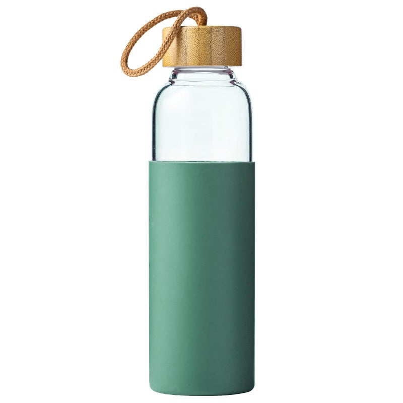 wangsdjy 21oz Glass Water Bottle with Silicone Sleeve & Bamboo Lid, BPA Free Reusable Water Bottle Glass for Gym Office Travel, Gift for Fitness Enthusiasts (Green) - Image 1