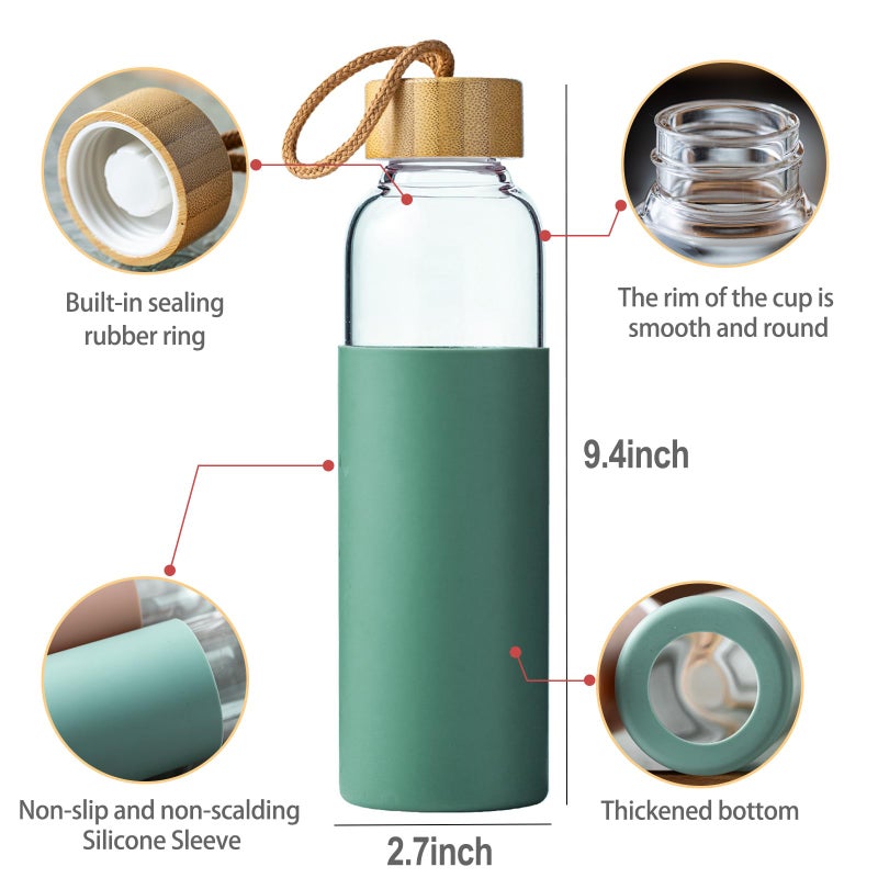 wangsdjy 21oz Glass Water Bottle with Silicone Sleeve & Bamboo Lid, BPA Free Reusable Water Bottle Glass for Gym Office Travel, Gift for Fitness Enthusiasts (Green) - Image 2