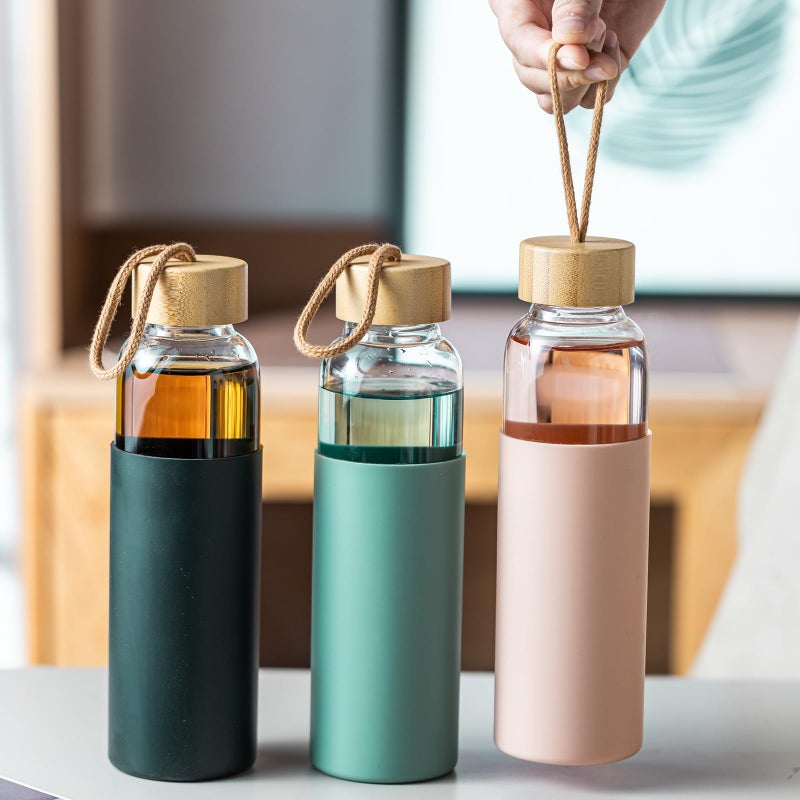 wangsdjy 21oz Glass Water Bottle with Silicone Sleeve & Bamboo Lid, BPA Free Reusable Water Bottle Glass for Gym Office Travel, Gift for Fitness Enthusiasts (Green) - Image 4
