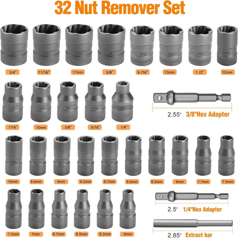 Eapele Bolt Extractor Set, Stripped Nut Remover Twist Sockets, Fit 3/8" Square Drive with Solid Storage Case (32pcs, Black) - Image 2