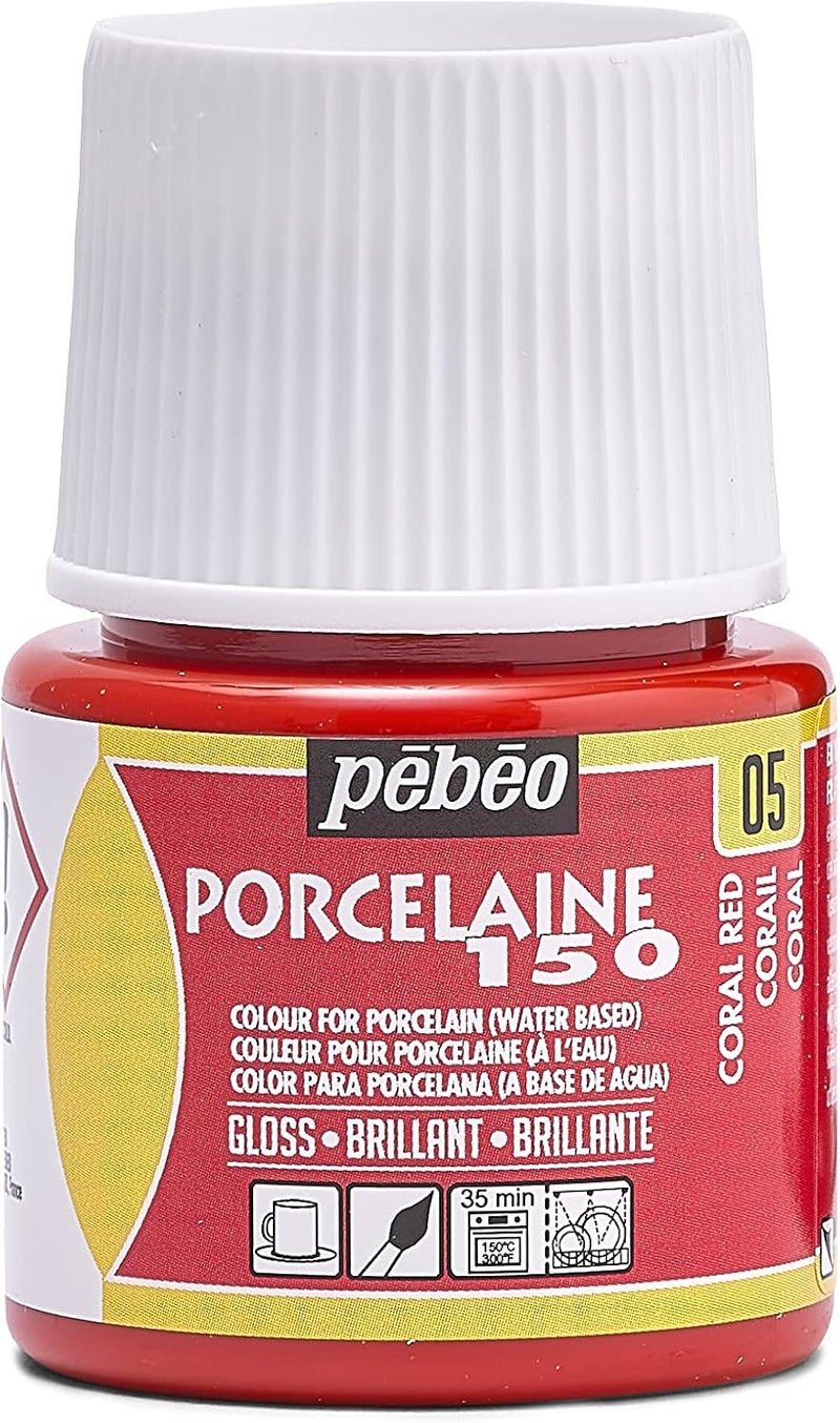 Pebeo Porcelaine 150 Coral Red Ceramic Paint - Water-Based High-Gloss Color for Porcelain, 45 ml - Image 1