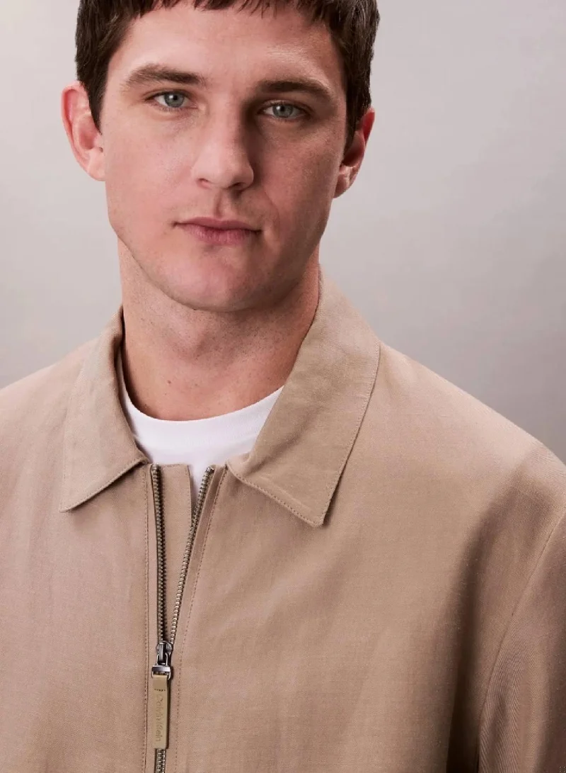 Calvin Klein Greige Cotton Linen Blend Zip-Up Jacket for Men | Best Price UAE