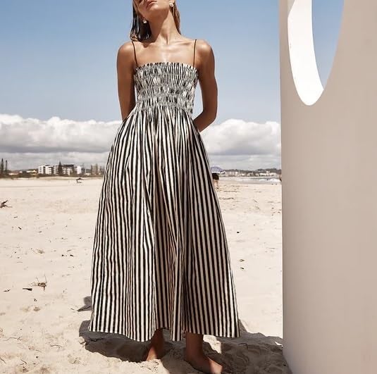 KMBANGI Women Striped Sleeveless Maxi Dress Swing Cutout Midi Dress Backless Smocked Spaghetti Strap Boho Flowy Long Sundress(Cami Stripes,S) - Image 2