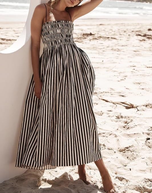 KMBANGI Women Striped Sleeveless Maxi Dress Swing Cutout Midi Dress Backless Smocked Spaghetti Strap Boho Flowy Long Sundress(Cami Stripes,S) - Image 3