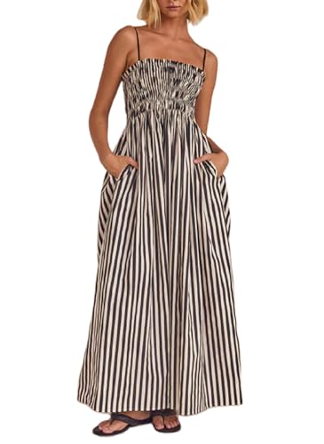 KMBANGI Women Striped Sleeveless Maxi Dress Swing Cutout Midi Dress Backless Smocked Spaghetti Strap Boho Flowy Long Sundress(Cami Stripes,S) - Image 1