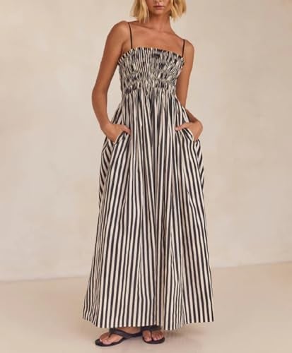 KMBANGI Women Striped Sleeveless Maxi Dress Swing Cutout Midi Dress Backless Smocked Spaghetti Strap Boho Flowy Long Sundress(Cami Stripes,S) - Image 5