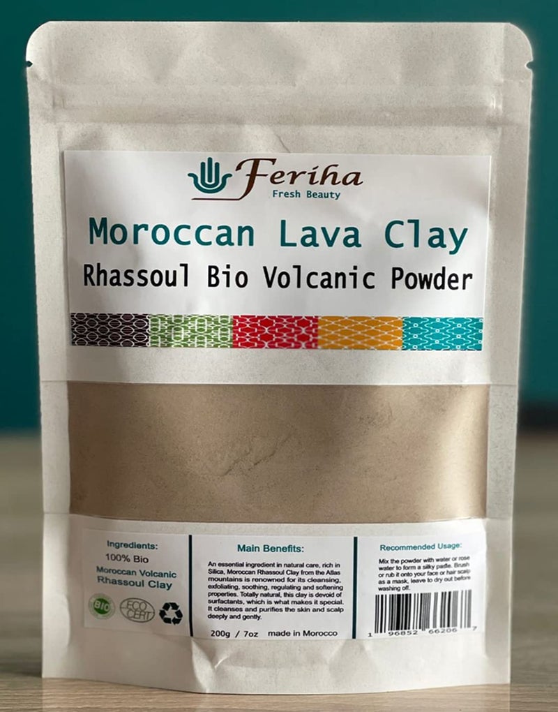 FERIHA Moroccan Rhassoul Bio Clay Powder Organic Facial Body  Hair Mask Fight Acne Cleanse Impurities  Improve Skin Elasticity
