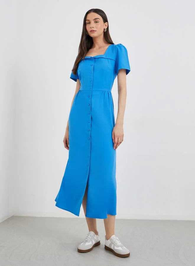 Take Two Take Two Solid Square Neck Buttoned Midi Dress