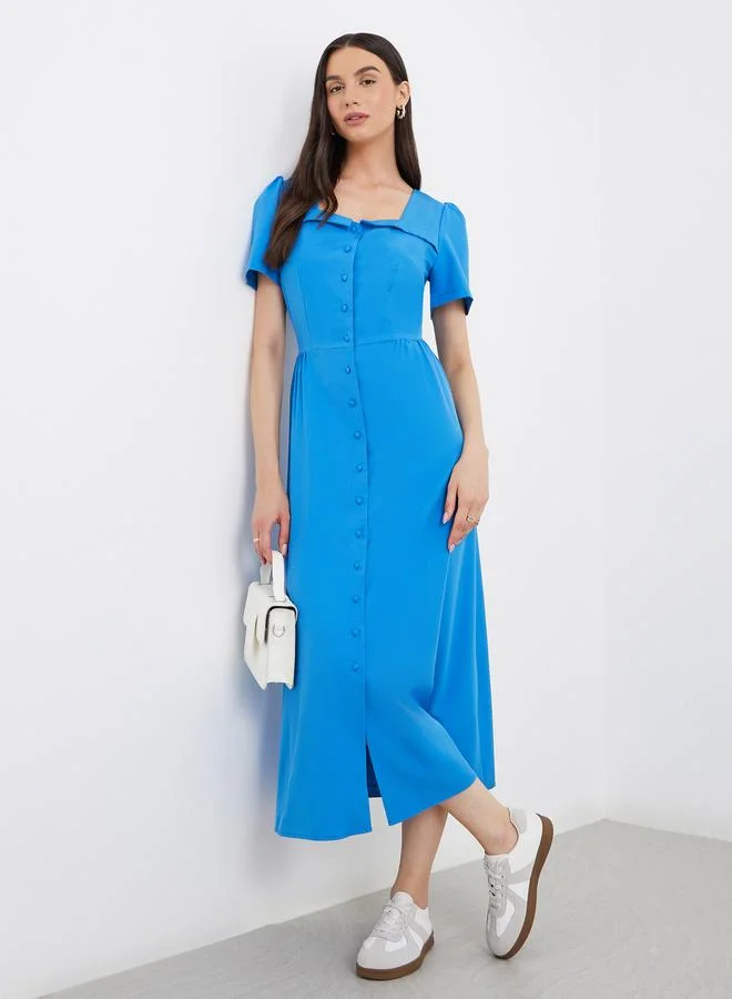 Take Two Take Two Solid Square Neck Buttoned Midi Dress