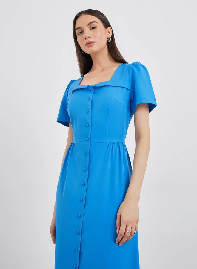 Take Two Take Two Solid Square Neck Buttoned Midi Dress