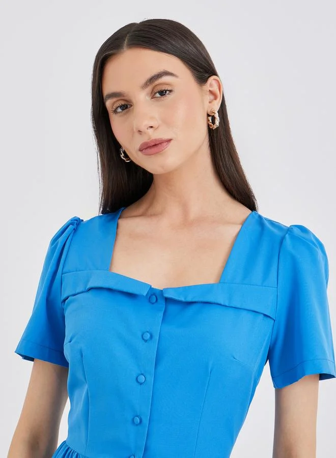 Take Two Take Two Solid Square Neck Buttoned Midi Dress