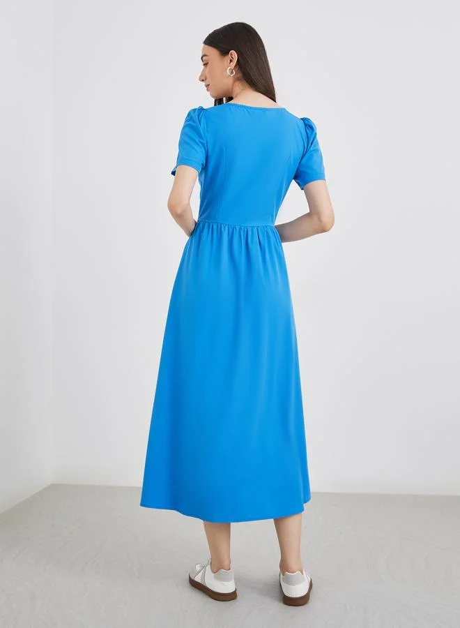Take Two Take Two Solid Square Neck Buttoned Midi Dress