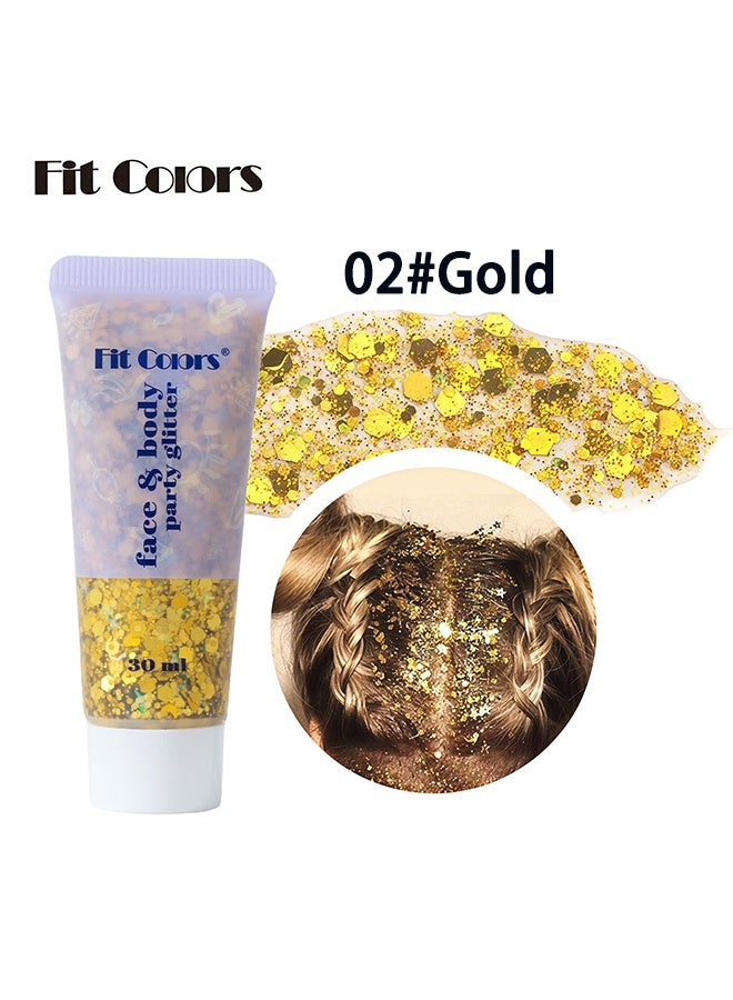 Fit Colors بريق للجسم والوجه، جل بريق للشعر، طلاء وجه بالترتر، إكسسوارات حفلات المغنين ومهرجانات الموسيقى والرقص، جل بريق وجه حورية البحر، طلاء وجه بالترتر براق 02#ذهبي - Image 2