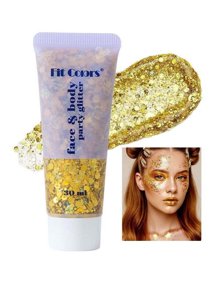 Fit Colors بريق للجسم والوجه، جل بريق للشعر، طلاء وجه بالترتر، إكسسوارات حفلات المغنين ومهرجانات الموسيقى والرقص، جل بريق وجه حورية البحر، طلاء وجه بالترتر براق 02#ذهبي - Image 1
