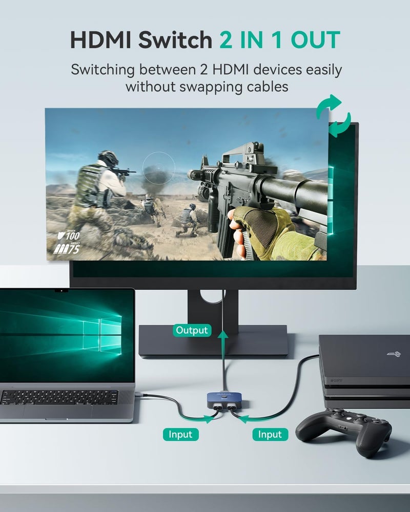 جانا مفتاح GANA HDMI 2.1، مقسم ومفتاح HDMI 8K 2 مدخل ومخرج واحد، يدعم 4K@120Hz، 8K@60Hz، 48Gbps محور HDMI فائق الوضوح ثنائي الاتجاه مصنوع من الألومنيوم متوافق مع PS5/4، Xbox، Roku، Apple TV، Fire Stick - Image 2