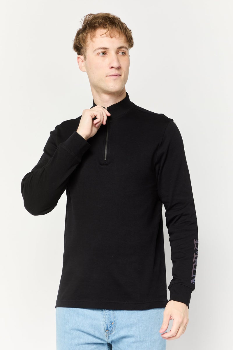 La Martina Men Half Zip Brand Logo Long Sleeve Sweatshirt, Black  - Image 1