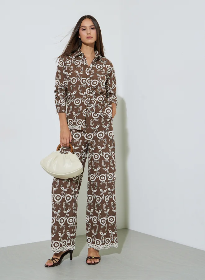 Brown Embroidered Shirt And Wide Leg Trousers Set