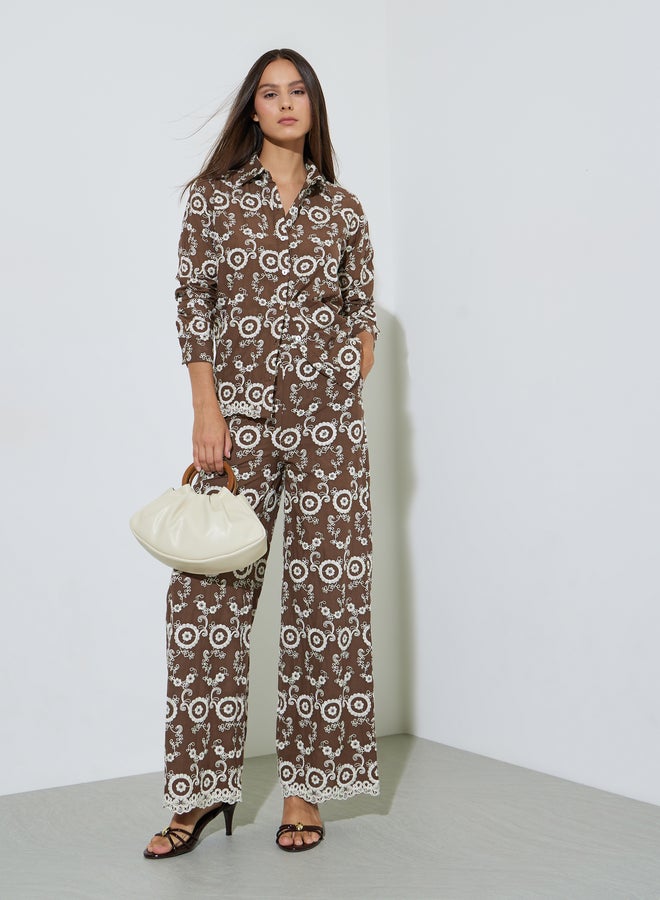 Styli Brown Embroidered Shirt And Wide Leg Trousers Set - Image 1