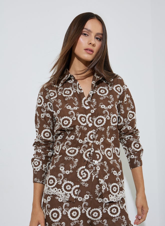 Styli Brown Embroidered Shirt And Wide Leg Trousers Set - Image 2