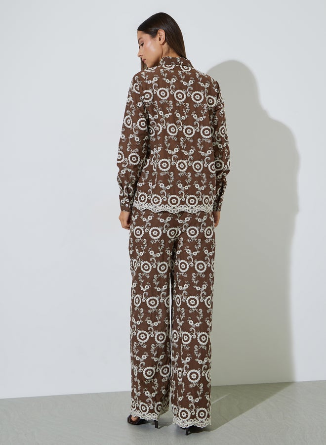 Styli Brown Embroidered Shirt And Wide Leg Trousers Set - Image 3