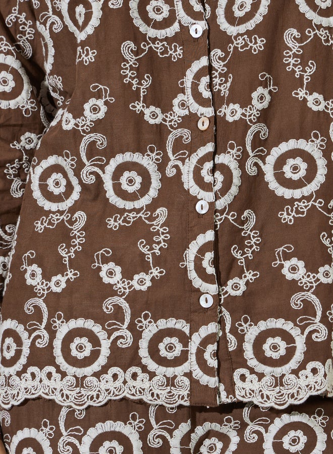 Styli Brown Embroidered Shirt And Wide Leg Trousers Set - Image 4