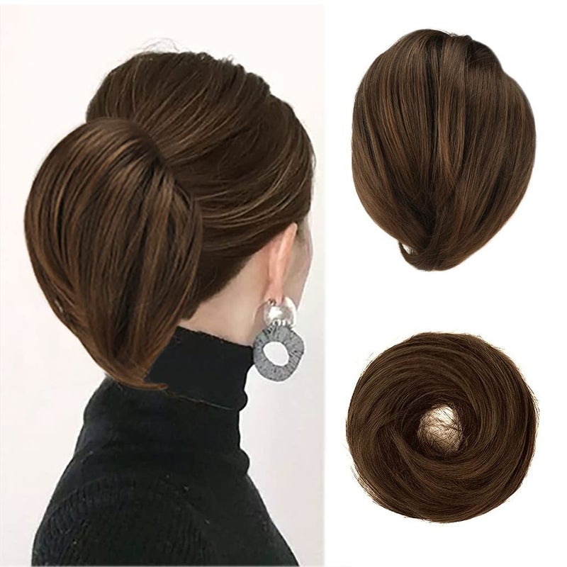 BARSDAR Straight Hair Bun Extensions  Synthetic Fully Short Straight Ponytail Hair Bun Extensions for Women  Elastic Messy Hair Bun Hairpieces Scrunchies Daily  Mixed Chestnut Brown