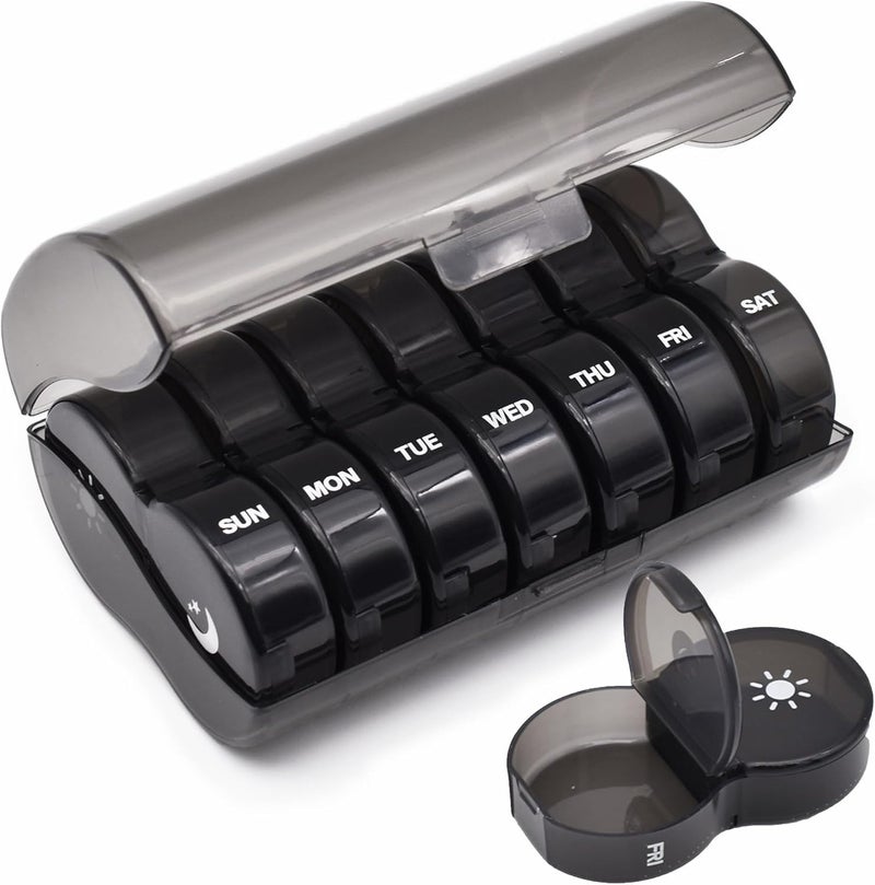 Rabbonix Weekly Medicine Organizer Box 02 Times a Day, Daily Tablets Container Case | Travel Pill Box For 07 days | Black | 01 Pcs - Image 1