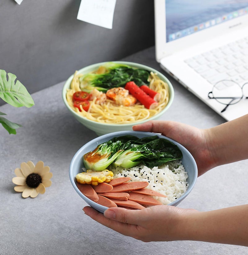 P-PLUS INTERNATIONAL Wheat Straw Noodle Bowls Large Ramen Bowl Set Traditional Asian Inspired Dinnerware for Noodles Udon Pho Soup Pasta Salad Japanese Bowls (1200ml+1900ml, Blue, Set of 2) - Image 3