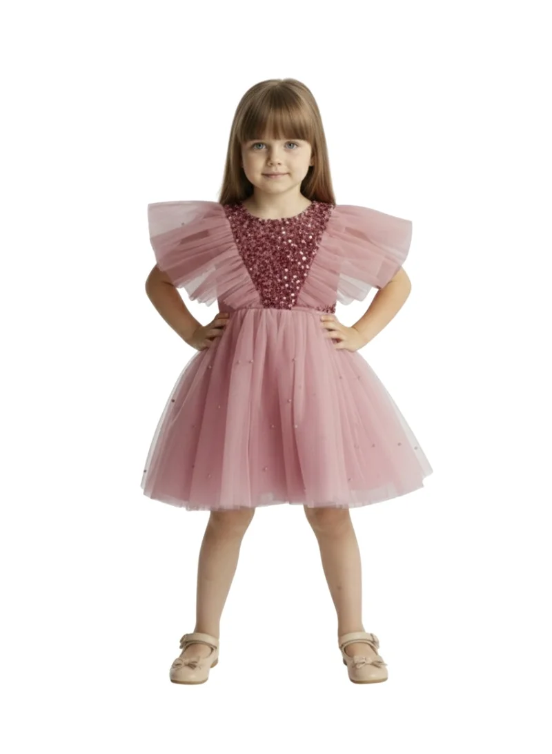 دىدانيالا فستان وردي بودرة مزين بفراشات لامعة