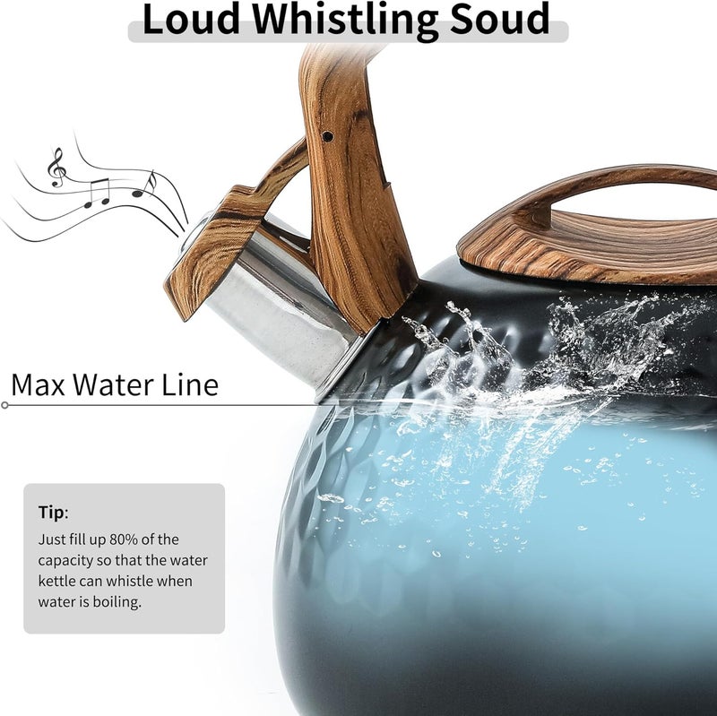 Lonffery Tea Kettle for Stove Top, 3 Quart Whistling Tea Kettle, with Food Grade Stainless Steel and Wood Pattern Folding Handle, Black - Image 2