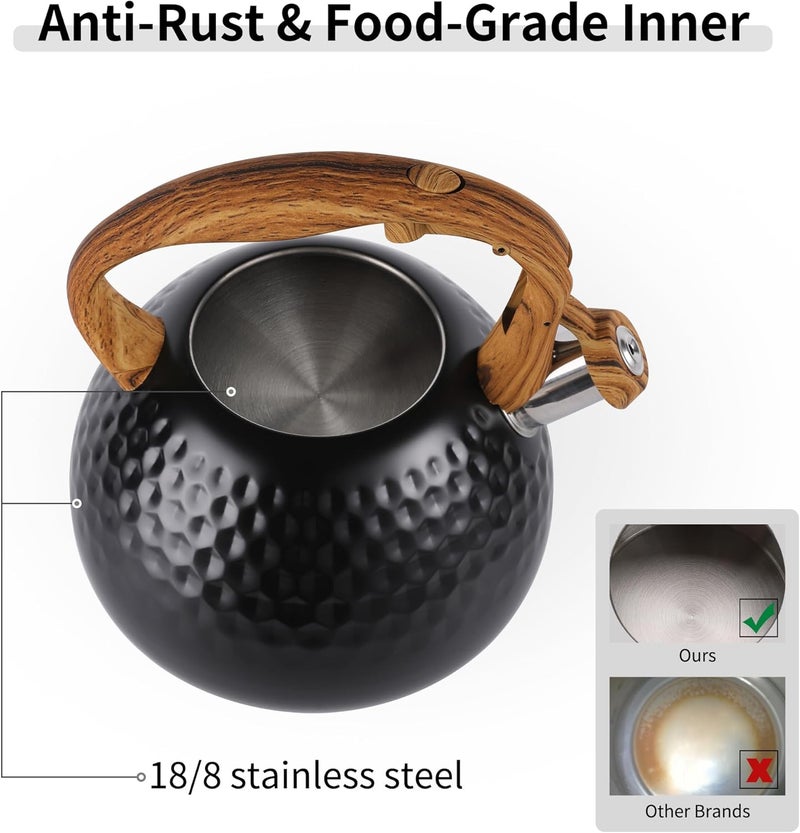 Lonffery Tea Kettle for Stove Top, 3 Quart Whistling Tea Kettle, with Food Grade Stainless Steel and Wood Pattern Folding Handle, Black - Image 5