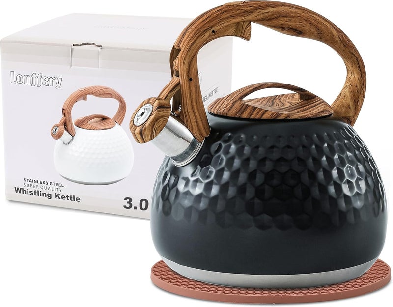 Lonffery Tea Kettle for Stove Top, 3 Quart Whistling Tea Kettle, with Food Grade Stainless Steel and Wood Pattern Folding Handle, Black - Image 1