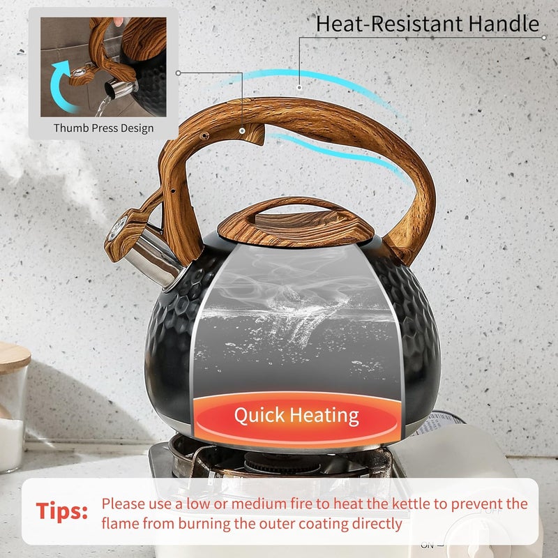 Lonffery Tea Kettle for Stove Top, 3 Quart Whistling Tea Kettle, with Food Grade Stainless Steel and Wood Pattern Folding Handle, Black - Image 3