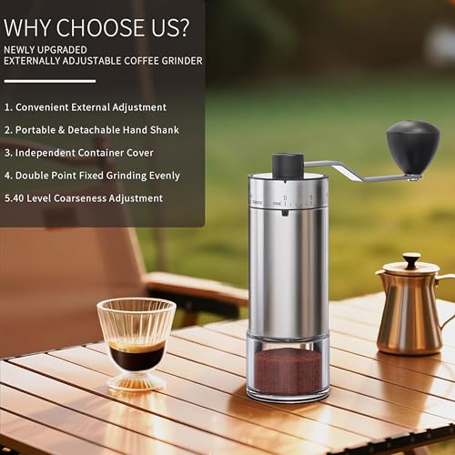 KharWette Portable Coffee Grinder Conical Burr for Espresso French Press Pour Over Double Bearing Internal Adjustment Capacity 25g (Silver-Ceramic Burr) - Image 2
