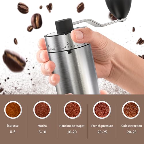 KharWette Portable Coffee Grinder Conical Burr for Espresso French Press Pour Over Double Bearing Internal Adjustment Capacity 25g (Silver-Ceramic Burr) - Image 4