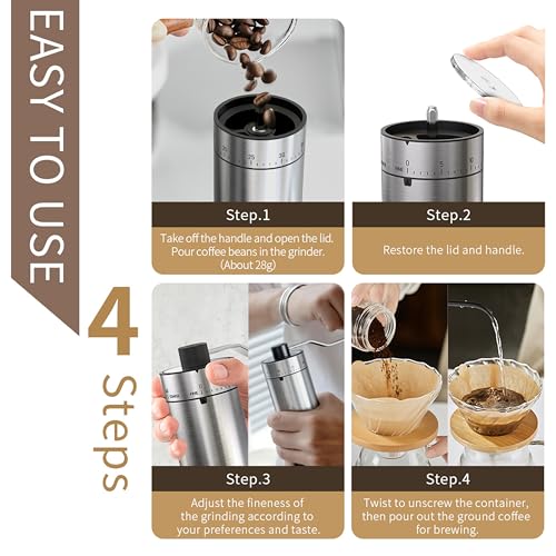 KharWette Portable Coffee Grinder Conical Burr for Espresso French Press Pour Over Double Bearing Internal Adjustment Capacity 25g (Silver-Ceramic Burr) - Image 5