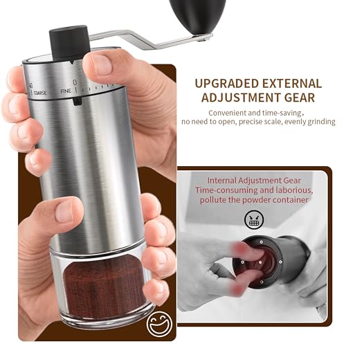 KharWette Portable Coffee Grinder Conical Burr for Espresso French Press Pour Over Double Bearing Internal Adjustment Capacity 25g (Silver-Ceramic Burr) - Image 3